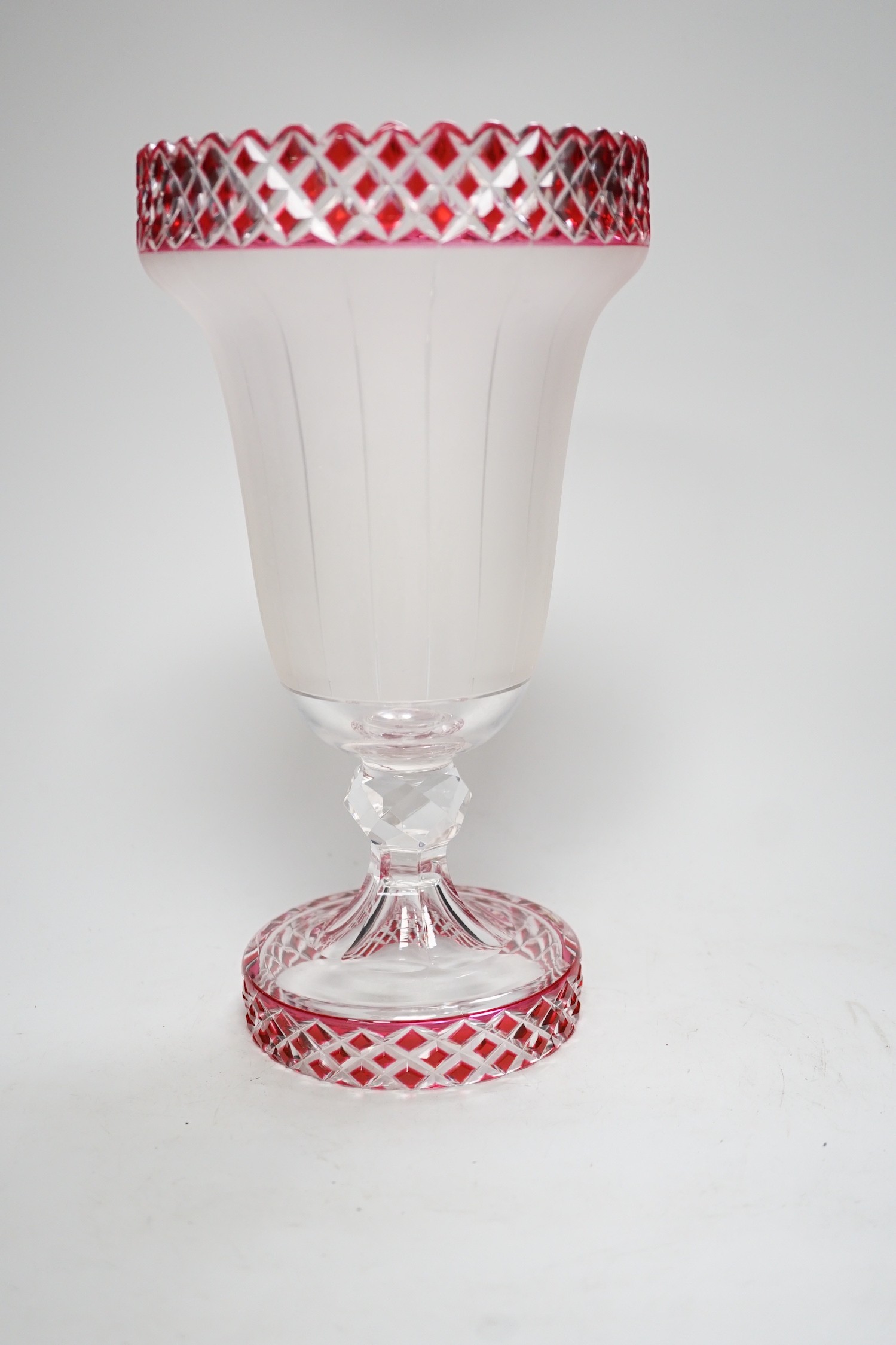 A late 19th century frosted and ruby flashed cut glass vase, 27.5cm